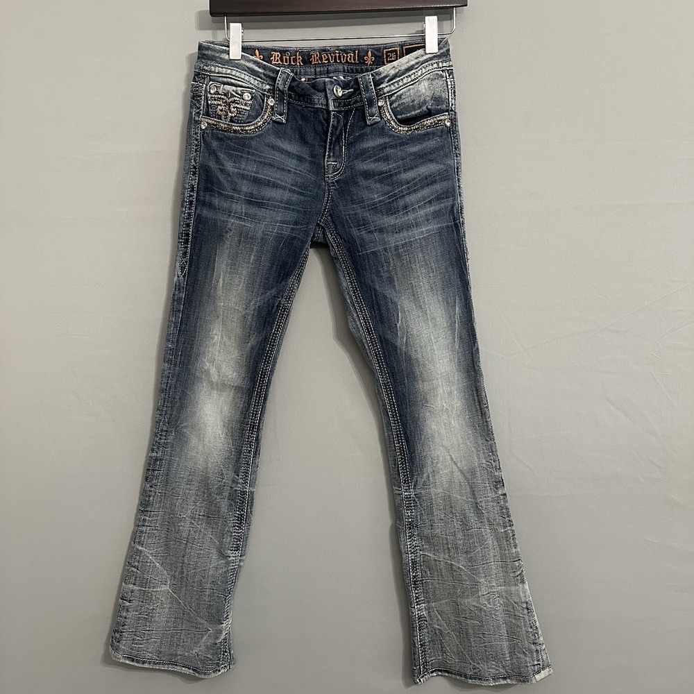 Rock Revival Low Rise Y2K Jeans Size 26 (fits 28x28.5) Betty Boot Rhinestones